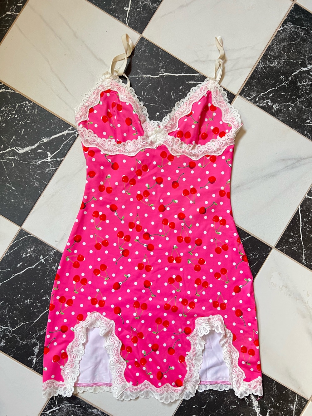 Vintage Pink Cherry Print Lace Trim Slip Dress